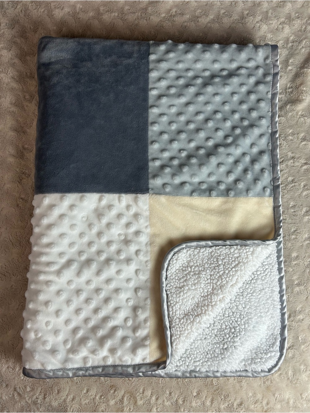 Lullaby Lane Patchwork Squares Baby Blanket Gray White Cream Minky Dot Sherpa